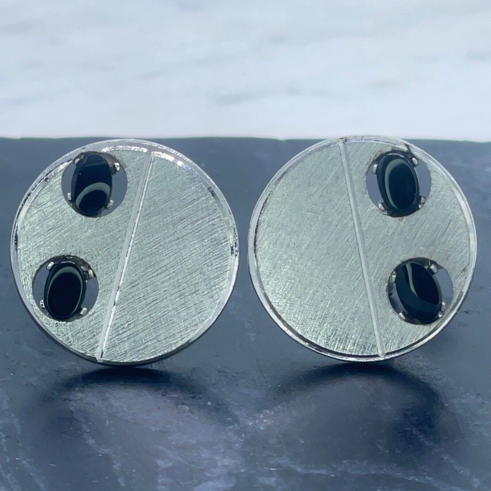 DANTE Silver Tone Etched Surface Black Stone "Onyx"  Round Bullet Back Cufflinks